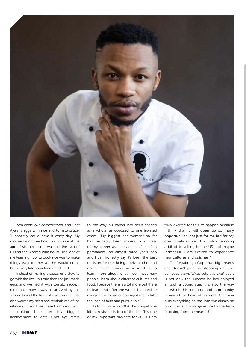 Aya_TheCookDude's tweet image. If you find yourself on a @flySAExpress flight anywhere, grab a copy of Indwe Magazine  and snap for me, your boy is featured for this month. 
Thank you to Maxine for the write up 🙏🏾 #FlySAExpress #IndweMagazine #Thecookdude #chef #privatechef