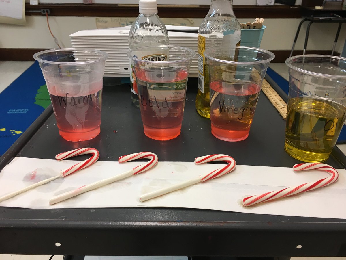 Mrs_Mooney7's tweet photo. Candy Cane experiments! We asked, which will dissolve a candy cane the fastest, warm water, cold water, vinegar, or oil? Do you know why? Ask a 4th grader! @FSDVikings #fantasticfourths #gofourthandconquer #science https://t.co/LTkEjU7yVO