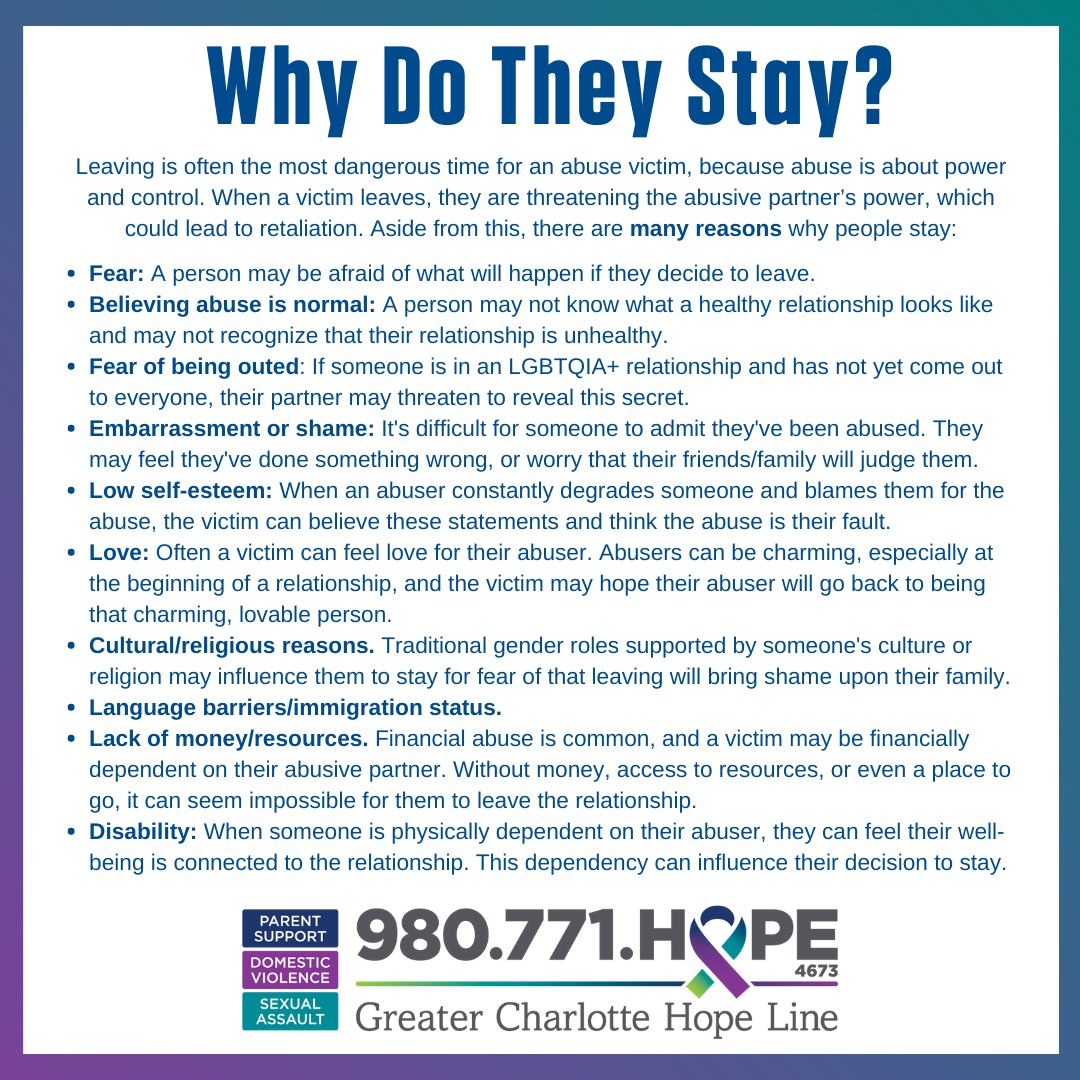 Safe_Alliance's tweet photo. People who haven't experienced #domesticviolence often ask: "Why don't they just leave?" But leaving is more complicated &amp; dangerous than it seems. Here are some common reasons why people stay in abusive relationships. #SafeAllianceCLT #dvawareness #whytheystay https://t.co/mnQ6bHxlEX