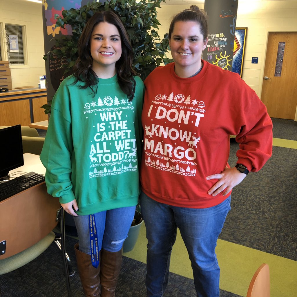 a112goestohogw1's tweet photo. βββTis the season for ugly sweater (or sweatshirts because they are more comfy) @DASD_ShDunn @Downingtown6GC #spiritweek #toddandmargo https://t.co/eWoo3TYioH