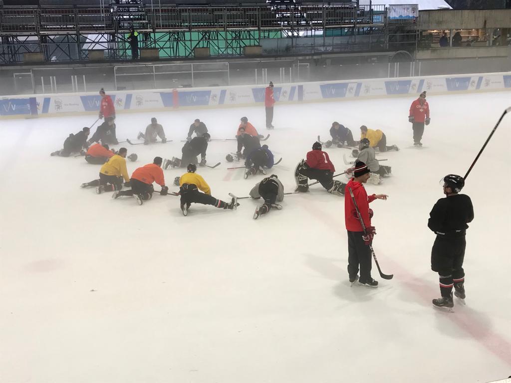 Training day for #TeamCanada today preparing to face the USA tomorrow! The two teams will play their last game at 3:00pm (9:00am EST) and also in the gold medal final on Saturday. Rivals on the ice rink, but forever neighbours and allies! It will be a tough game! <a href="/USADSF/">USA Deaf Sports Federation</a>