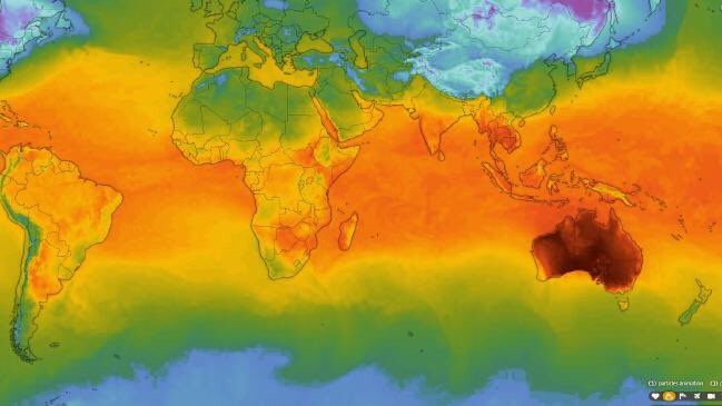 SSLauchlan's tweet photo. 1/ This is the world weather map. It’s pretty startling. Australia has now broken it’s own average temperature record 2 days in a row. There are bushfires raging across the country causing a ‘state of emergency’ AND it’s not even the hottest or driest part of the year yet..... https://t.co/a75rNHX20Z