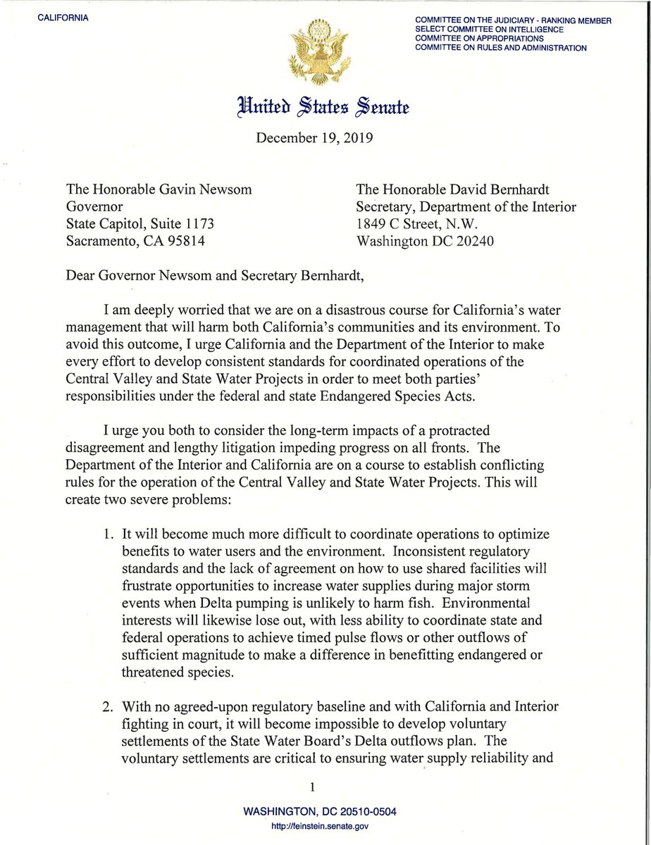 SenFeinstein's tweet photo. I’m worried that we’re on a disastrous course for California’s water management that will harm our communities and environment. There’s only one way to avoid this potential crisis, and that’s for @GavinNewsom and @SecBernhardt to work together. https://t.co/wIwKUn44gu