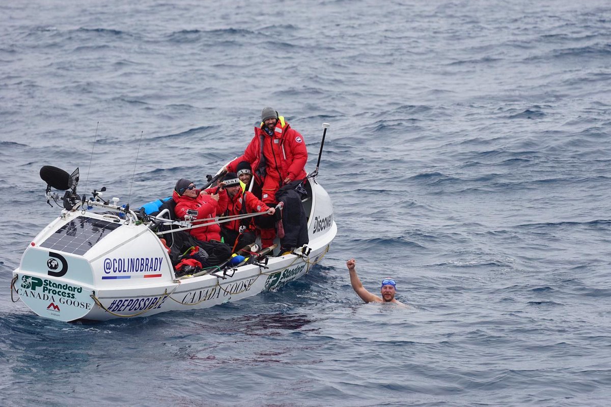 What does an open water swimmer, who currently holds the record for the longest channel swim ever, do to take a break on Day 6 of a "world first" extreme ocean row across the Rough, cold Drake Passage?  Photo: <a href="/Discovery/">Discovery</a>  Track the Row: ubunye.web.app
#TheImpossibleRow