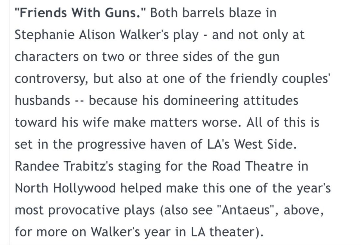 roadtheatre's tweet photo. "#FriendsWithGuns" Both barrels blaze in @Littof's play - and not only at characters on two or three sides of the #gun controversy, but also at one of the friendly couples' husbands (...) All of this is set in the progressive haven of #LA's West Side: https://t.co/73E5Ir3Hfk https://t.co/yHCIgMJOn8