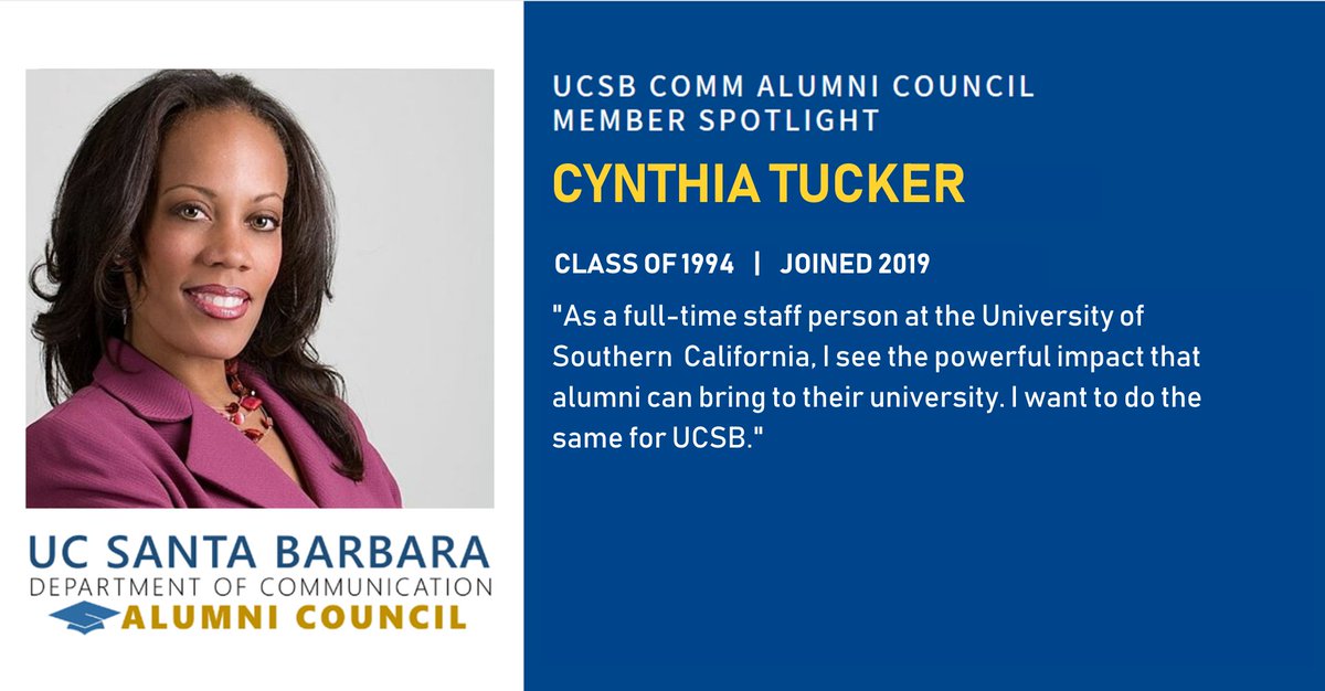 The UCSB Comm Alumni Council welcomes Cynthia Tucker to our board! We are honored to have professionals like Cynthia to help inspire and guide comm students in their careers. #UCSBComm #ucsbalumni #ucsb #ucsantabarbara #meetourcouncil #commcareer cc <a href="/CommUcsb/">UCSB Dept. of Comm</a>