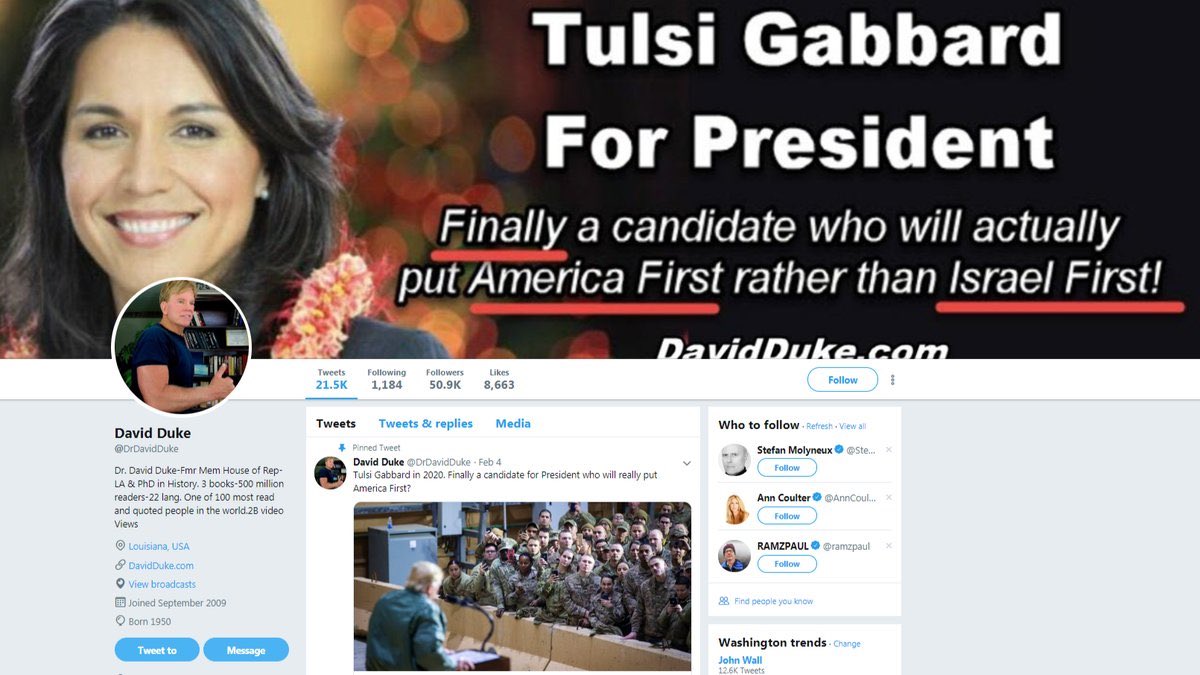 mercifuln8's tweet photo. @TulsiGabbard Endorsements from:
#WhiteSupremacists #DavidDuke #richardspencer, #Pizzagate trolls #Cernovich #Posobeic, anti #LGBTQIA #ForcedBirther  #FranklinGraham

@TulsiGabbard @TulsiPress:
"PRESENT" https://t.co/vVGCFMePbp
