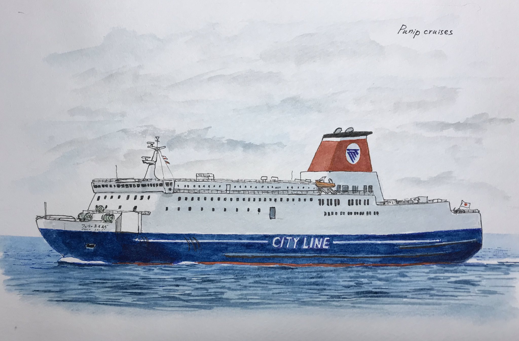 Punip Cruises プニップ クルーズ と言う事で引き続きまして 一昨日発表 21年就航予定の名門大洋フェリーの完成想像図です 今度は は付くのかな 上部車両甲板の外壁にずらっと並んでた開口部が無いのが今迄との違いだよ やっぱりファンネルが