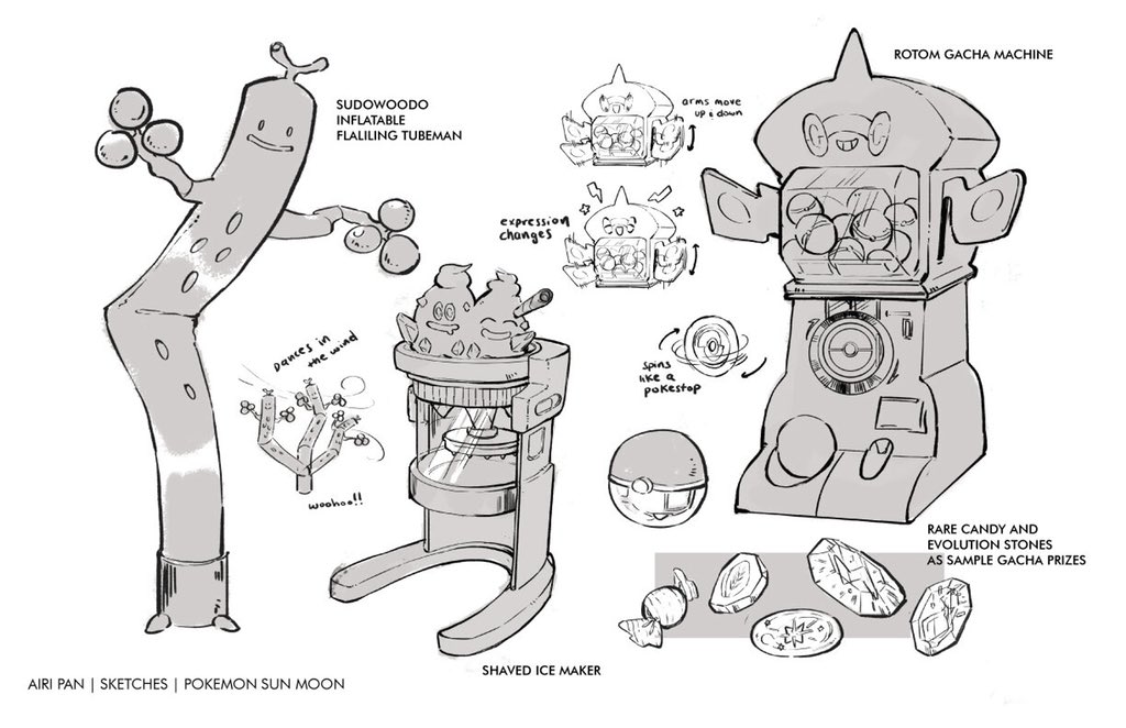 When I was still in the brainstorming phase for the Alola Theme Park Project, my friend was like "sudowoodo but as one of those balloon things at the car dealership" and I was like OMG
I have pages and pages of props and random ideas but this page was my favorite ✨? 