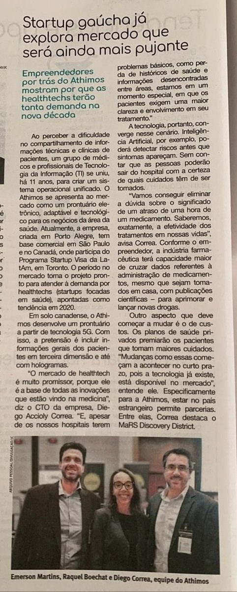 AthimosHealth's tweet photo. @JC_GeracaoE, the most important economic newspaper from the south of Brazil, published today an article about Athimos Eletronic Health Record and the researches we are developing in Canada. 
#athimos #healthcare #HealthTech #digitalhealth #athimoshealth #canada #innovation https://t.co/UHdRoqxbnM