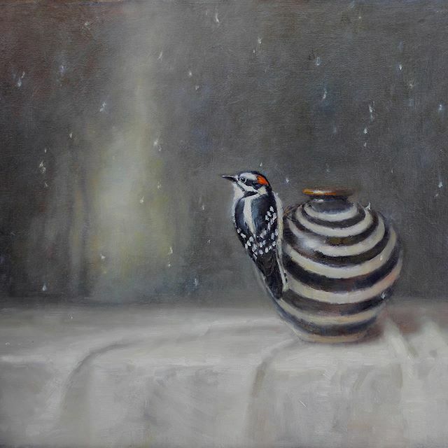 lorimcneeartist's tweet photo. Here’s a detail of my little fun still life painting with a lively little downy woodpecker, “Snow Flurry” 18x24 oil on linen. It’s hanging at @kneelandgallery waiting for our artists’ reception on December 27th! 😃 ⠀
#oilpainting #stilll… https://t.co/KmfLKW2bpM https://t.co/26OgmG4Mda