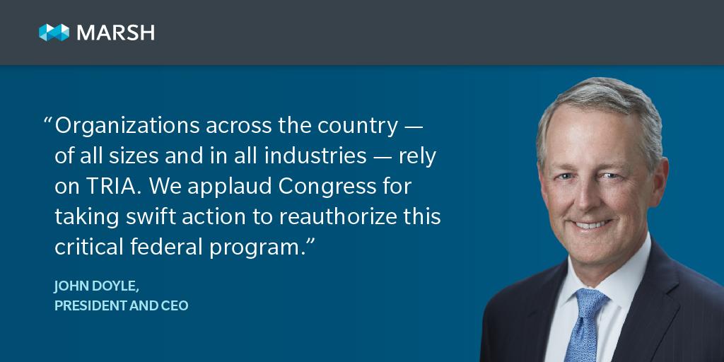MarshGlobal's tweet photo. NEWS: On behalf of its clients, Marsh welcomes Congress’ swift action to reauthorize the Terrorism Risk Insurance Act ahead of its 2020 expiration.
https://t.co/sW6sBDwHEk #TRIA #TRIPRA https://t.co/SK6zMzqNON