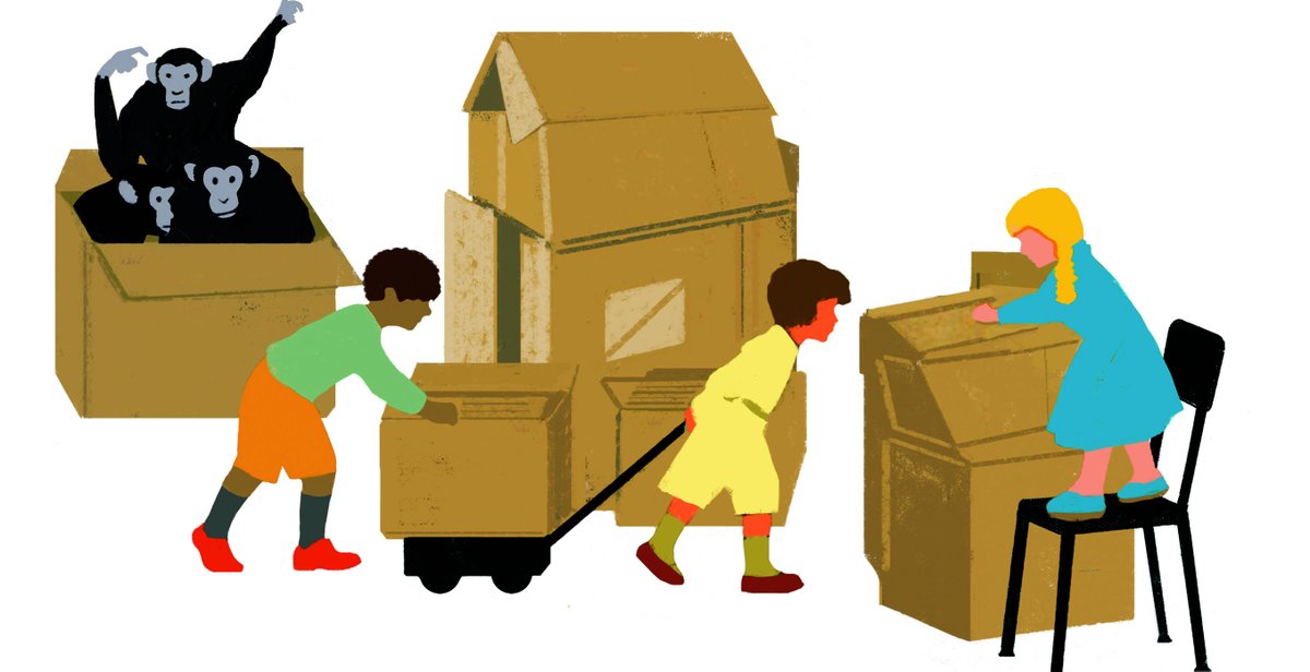 Illustration of children working together to move cardboard boxes while three chimps sit watching from another box.