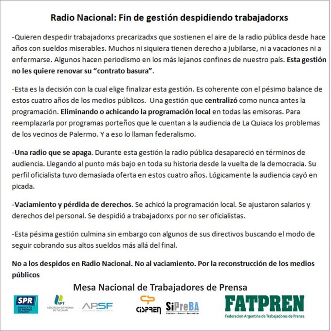 Canal7SiPreBA's tweet photo. Mientras, decenas de trabajadores de @NacionalAM870  en todo el país no tienen asegurada su continuidad laboral luego del 31 de diciembre. https://t.co/oXtrQTpPXV