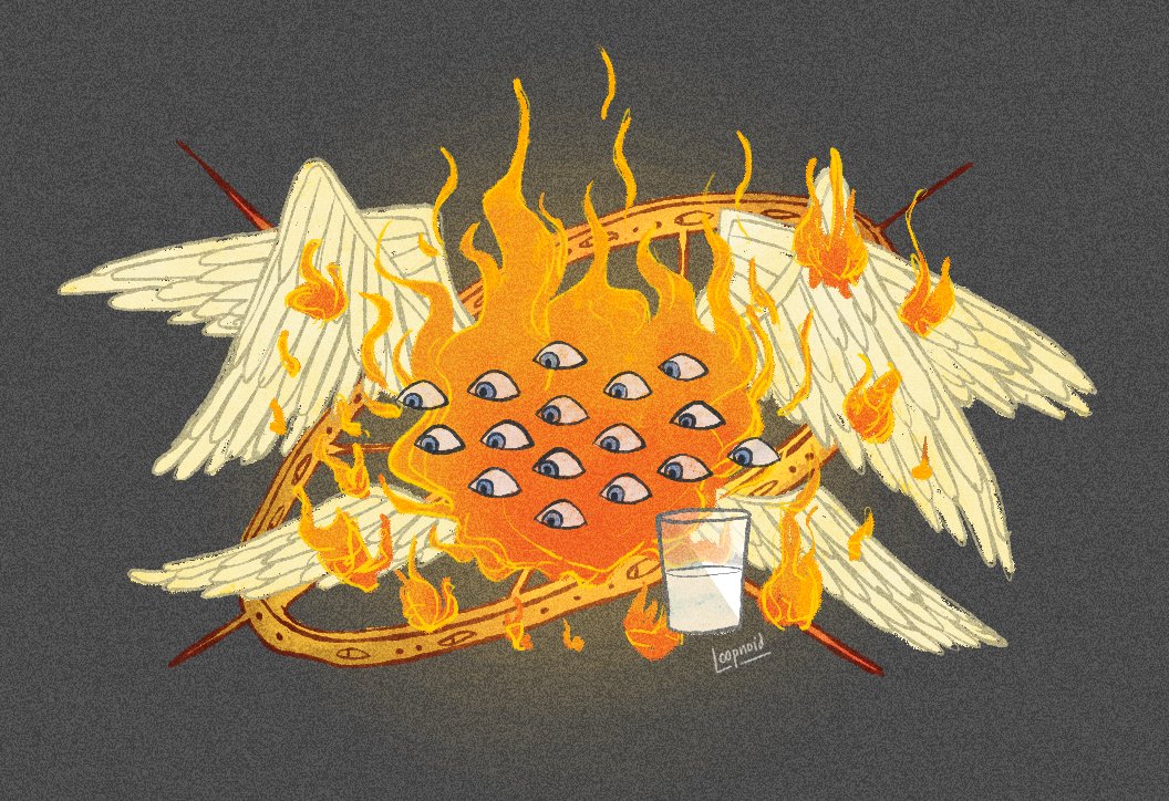A digital drawing of an angel depicted as a glowing ball of fire with multiple floating eyes, six wings, and a spinning wheel with eyes and spikes behind it. The angel is "holding" a glass of milk.