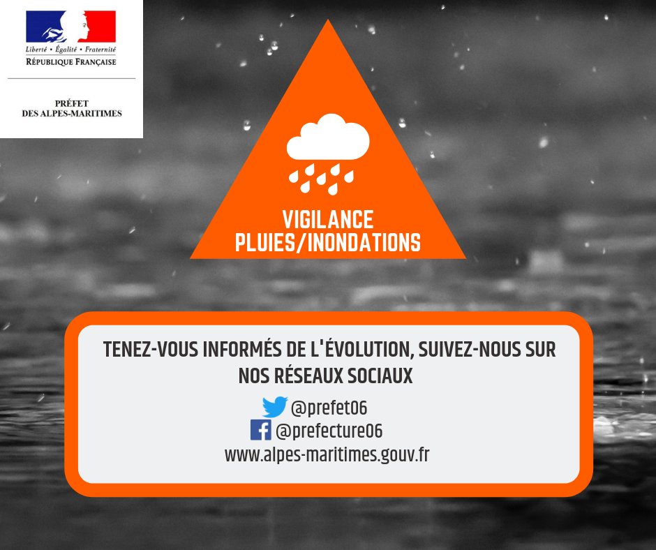 prefet06's tweet photo. #meteo06
@meteofrance a émis un bulletin de vigilance ORANGE "pluies-inondations" pour un épisode attendu demain  20/12/2019 à partir de 9h00. Limitez au maximum vos déplacements ! Suivez les consignes de sécurité ci-dessous 🔽 https://t.co/B69N3GiOpI