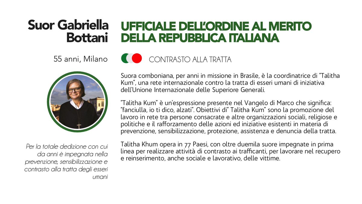 Quirinale's tweet photo. #OMRI2019, gli insigniti dal Presidente #Mattarella: Suor Gabriella #Bottani, 55 anni (#Milano), Ufficiale Ordine al Merito Repubblica Italiana: "Per la totale dedizione con cui da anni è impegnata nella prevenzione, sensibilizzazione e contrasto alla tratta degli esseri umani" https://t.co/KPSzRheJTi