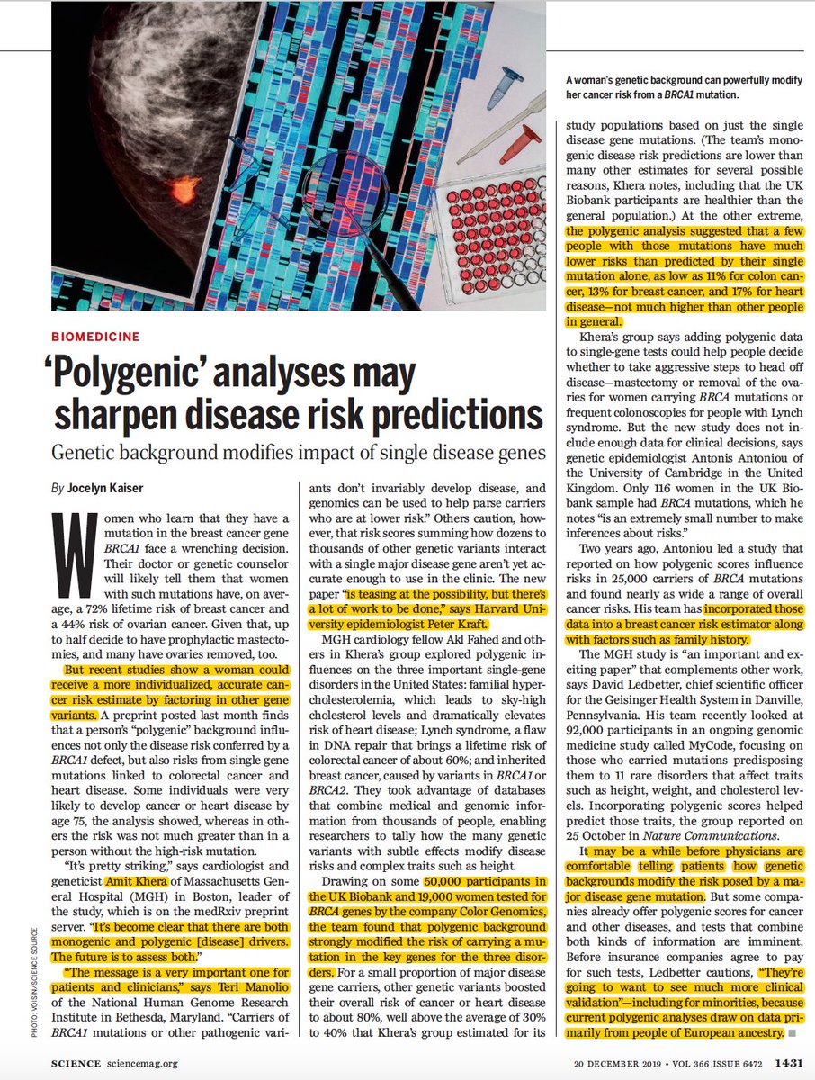 A @bioRxivpreprint showing how polygenic risk scores influence penetrance of monogenic diseases (like #BRCA), by <a href="/amitvkhera/">Amit V. Khera</a> <a href="/skathire/">Sek Kathiresan MD</a> and colleagues attracts interest @sciencemagazine 
science.sciencemag.org/content/366/64…
w/ <a href="/GENES_PK/">Pete Kraft</a> <a href="/dhledbetter/">David H Ledbetter (he/him)</a> <a href="/uk_biobank/">UK Biobank</a> <a href="/Color/">Color</a>