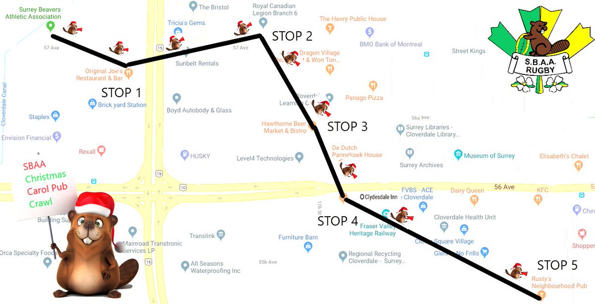 #beaversrugby Annual Christmas Carol Pub Crawl is tonight. The Beavers will be spreading Christmas cheer at local Cloverdale establishments throughout the night. Come on out and enjoy the Christmas spirit <a href="/CloverdaleNews/">Cloverdale Reporter</a> <a href="/BCRugbyNews/">BC Rugby News</a> <a href="/bcrugbyunion/">BC Rugby</a>