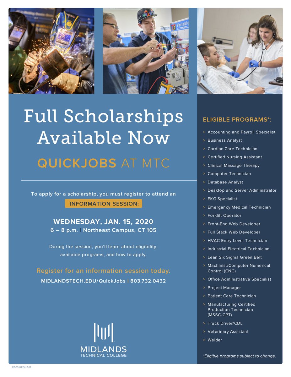 MidlandsTechCCE's tweet image. Full scholarships are available through QuickJobs programs at MTC! Get an early start by registering today for an info session in January. bit.ly/2wiRgMO 

#Scholarships #MTC #MTCresources