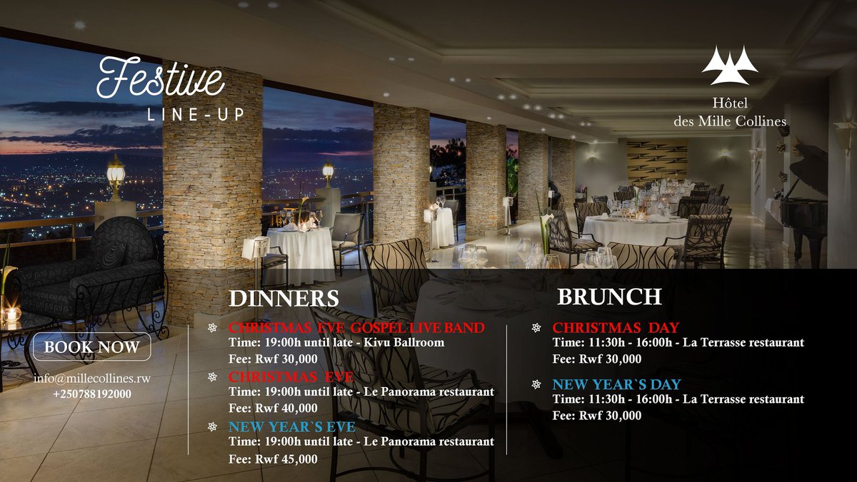 MilleCollines's tweet photo. The Festive Season is Here...
Wondering how best to spend your Festive Season! Let us entice you with our Festive Season Program Line-Up for the perfect Progie for you and your loved ones. #Festiveseason #Progie #RWOT #VisitRwanda #Brunch #Dinner #Fun #Christmas #Chill #2020 https://t.co/K923owenr2
