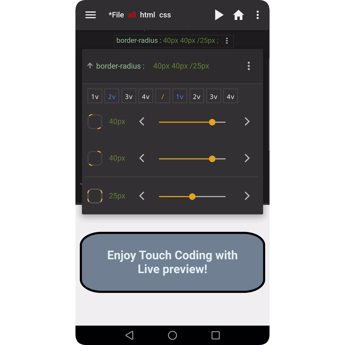 touchcoderapp's tweet image. Want to play with some CSS codes on the go! So check our app๐
App: bit.ly/2Z0nt6V
๐ฒ
#cssborder #coding #coder #programming #webdev #codinglife #htmltags #100daysofcode #programmer #webdeveloper #html #html5 #htmleditor #css #css3 #htmlcodingย #webdesigner #csseditor