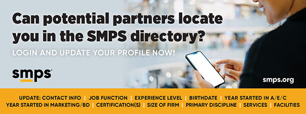 SMPSHQ's tweet image. SMPSers: Can potential teaming partners locate you in the #SMPS directory? Update your profile today and pay special attention to your personal, contact &amp;amp; company information: ow.ly/5ozS50xE9p6 #businesstransformed #1network
