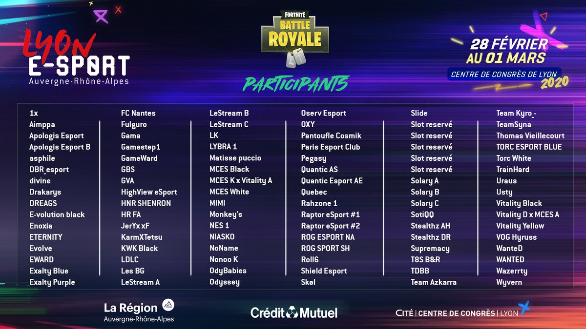LyoneSport's tweet photo. Voici la liste des participants au tournoi #Fortnite de la #LES2020 ! Qui selon vous montera sur le podium de cette nouvelle édition?
A suivre du 28 février au 01 mars 2020 !
Bonne préparation à tous et à très vite ! https://t.co/WW2DiHnVII