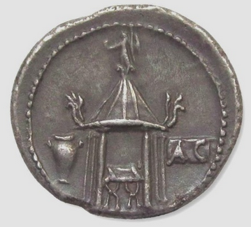 holland_tom's tweet photo. I treat myself to this amazing coin: minted in 55 BC by Cassius Longinus, brother (or possibly cousin) of the future tyrannicide, it shows the temple of Vesta in the Forum. https://t.co/Kzn449vLjP