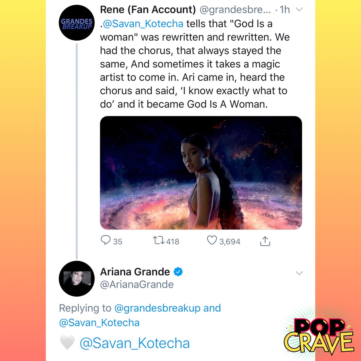 PopCrave's tweet photo. “God is a Woman” co-writer @Savan_Kotecha praises @ArianaGrande’s vision:

“sometimes it takes a magic artist to come in. Ari came in, heard the chorus and said, ‘I know exactly what to do’ and it became God Is A Woman.” https://t.co/DyrqhAyVBs