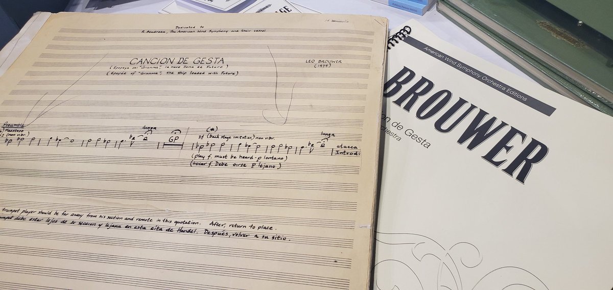 EditionPetersUS's tweet photo. Here's an absolute treasure —The autograph score of Leo Bouwer's 'Cancion de Gesta', dedicated to Robert Boudreau, next to our edition. Maestro Boudreau will give a talk at @midwestclinic today at 4:30 PM in Room W180. Join us!

#midwestclinic https://t.co/04gHUjLftk