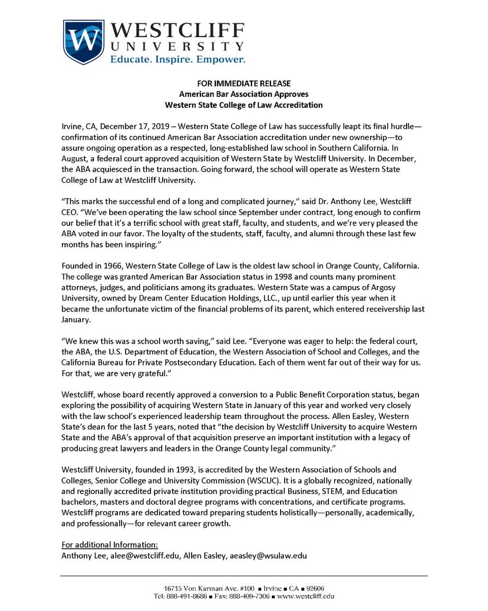 WestcliffU's tweet photo. Westcliff University received American Bar Association accreditation approval for Western State College of Law. #WestcliffUniversity #WestcliffFamily #WesternState #WSCL #LawAccreditation #Law

Learn more at https://t.co/1fwZfksxLQ https://t.co/uOK6K3hJlP