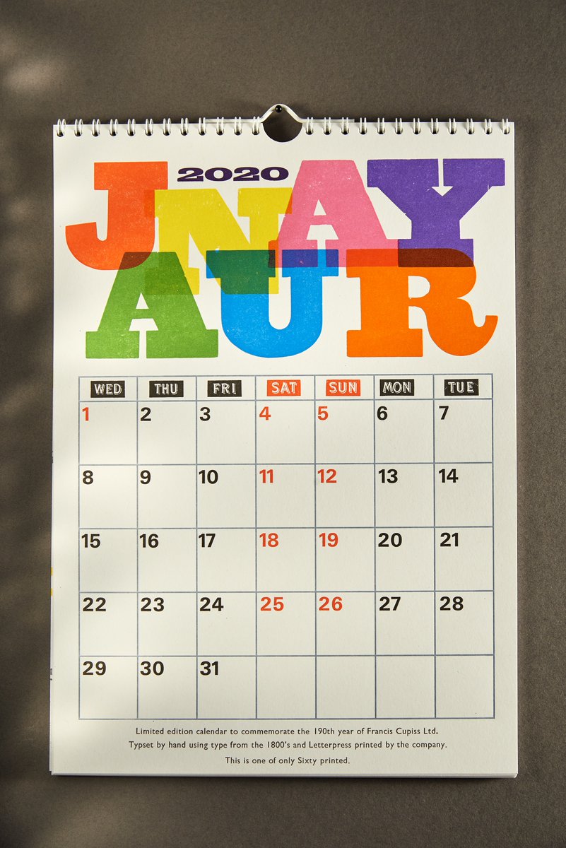 CupissPrinting's tweet photo. 2020 is our 190th year of printing in Diss. We have a few of our limited edition Letterpress printed Calendars available. With  a hand printed cover and 57 print passes each calendar is a one off. A4 on recycled board.
For more details info@cupissetterpress.co.uk. https://t.co/0Z9ZwCqOaI