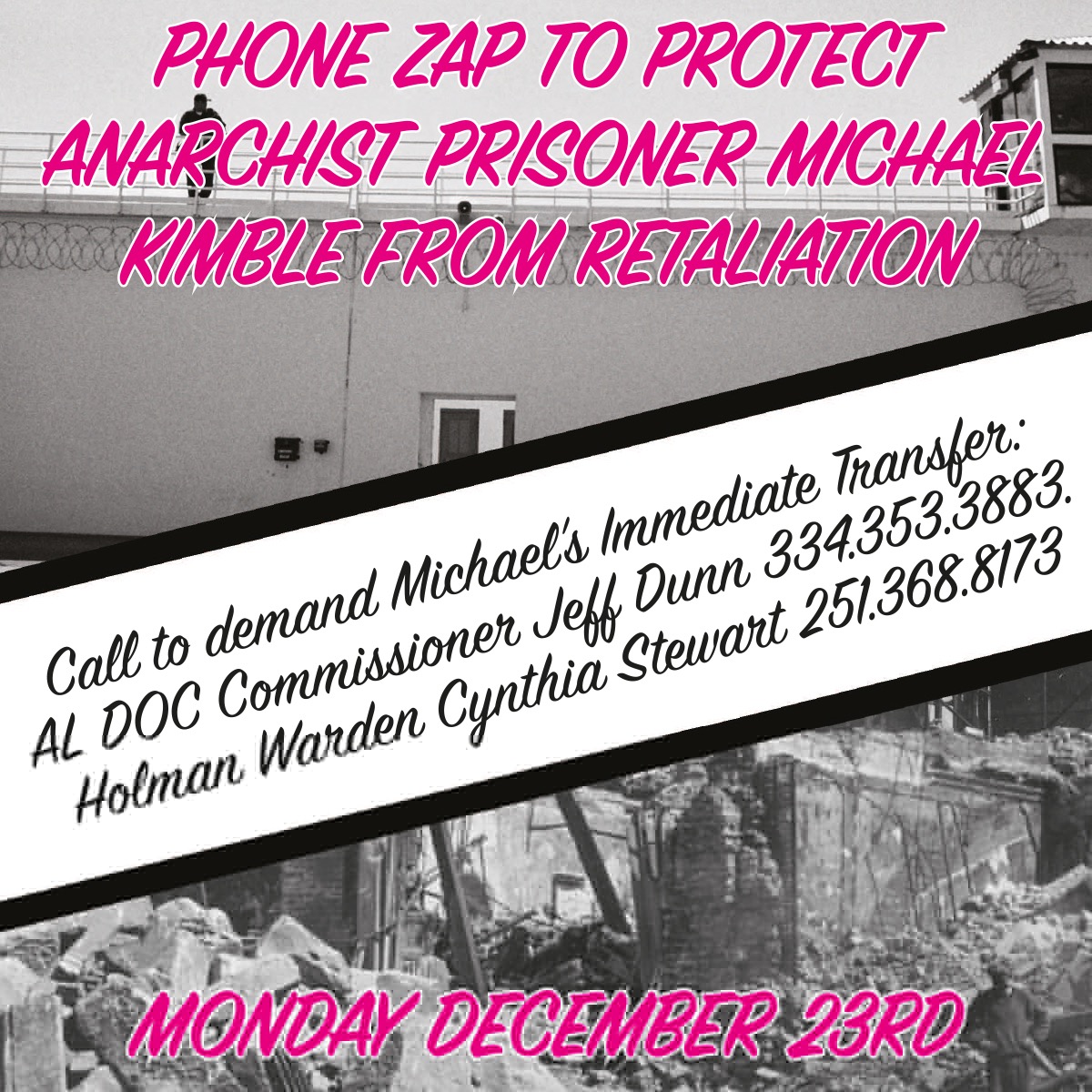 StrawFinal's tweet photo. Call for Phone Zap on December 23rd for #MichaelKimble who has been placed in seg for defending another prisoner at Holman who was being beaten by a guard: https://t.co/GuwSJkzZah https://t.co/tiUFkmqfL2