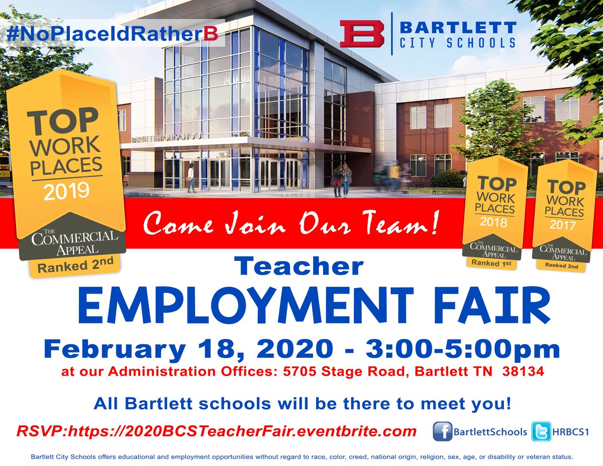 HRBCS1's tweet photo. Please join us for our Bartlett City Schools Teacher Employment Fair, Tuesday, February 18, 2020. All of our schools will have a booth set up so you can meet the school administration. You can register for the event by going to: https://t.co/UxDFuw55sc https://t.co/uNzlqZVcwC