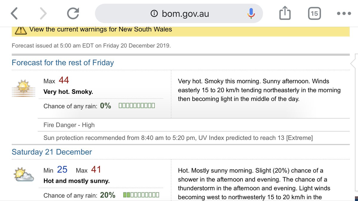 SarinaKilham's tweet image. I live in rural Australia. This is our forecast for the next 2 days. It was 43 degrees yesterday. Today we can hardly see the other side of the street for the smoke #AustraliaBurns #wherethebloodyhellareya #WaggaWagga