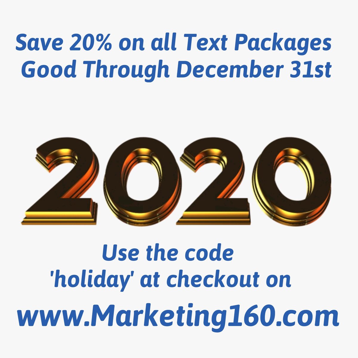 MKTG160's tweet image. Now through the end of the month, you can save 20% off all text packages when you use the code &apos;holiday&apos; at checkout. There are no monthly fees and no long term contracts required. Visit Marketing160.com/shop to get started. #marketing #marketingtips #textplatform #smsplatform