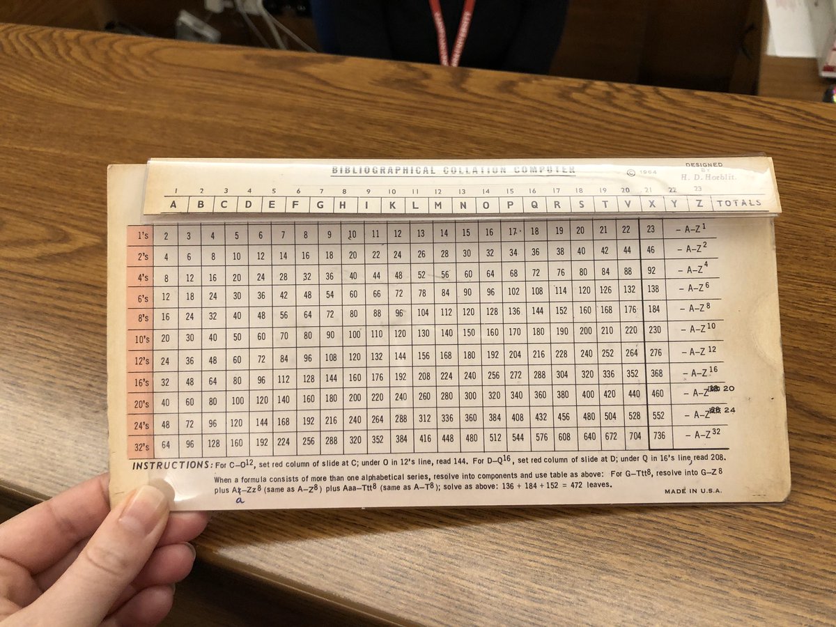 EK_Hebbard's tweet photo. A very clever 1964 “bibliographical collation computer” —the top row  on the front (image 1) slides left and right to help you calculate! Found in the bottom of a reading room drawer @IULillyLibrary #bookhistory #collation #bibliography #incunabula #earlyprint #medievaltwitter https://t.co/fCrOsfwzXO