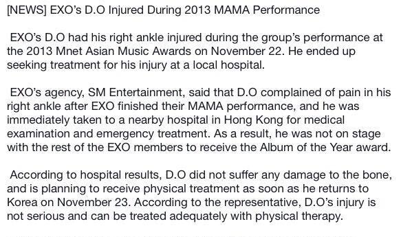 SMTOWN’s declaration of  #KyungSoo’s injury.[ source: Soompi ] #도경수  #경수  #디오 #DohKyungSoo  #DO(D.O.) @weareoneEXO  #EXO