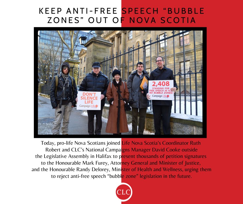 CampaignLife's tweet photo. #ProLife Nova Scotians joined Life Nova Scotia’s Coordinator Ruth Robert &amp; CLC’s National Campaigns Manager @DavidCookeCLC outside the Legislative Assembly to present thousands of petition signatures to @MarkFurey1 and @RandyDelorey urging them to reject #bubblezone legislation https://t.co/5ffarPTunj