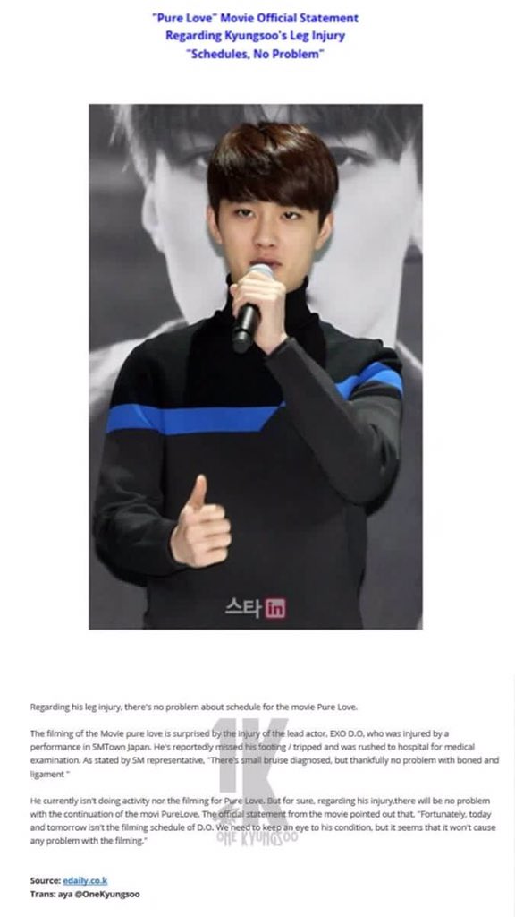 "Pure Love" Movie Official Statement:Regarding Kyungsoo's Leg Injury"Schedules, No Problem"Read the article: #도경수  #경수  #디오 #DohKyungSoo  #DO(D.O.) @weareoneEXO  #EXO