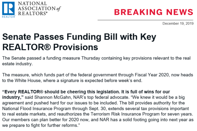 nardotrealtor's tweet photo. BREAKING NEWS: Senate passes funding bill with key REALTOR® provisions including extensions of tax and flood measures. https://t.co/WHsAxb1ERF https://t.co/5XeSBEanI6
