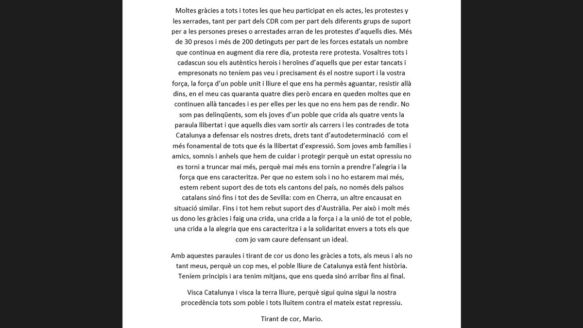 Discurso de Mario una vez liberado. 
Per un poble lliure i combatiu.
#LaLluitaContinua #AbsolucióMario