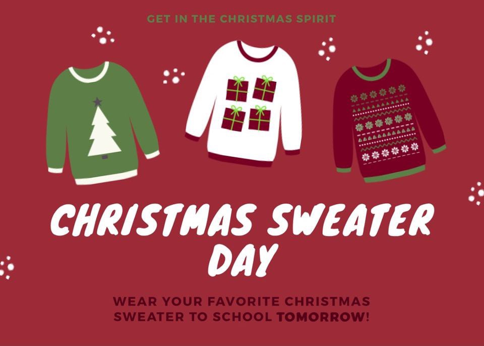Surprise!! We have a pop up spirit day... in honor of the holidays of course! Wear your best, or ugliest, Christmas sweater tomorrow to get in the holiday spirit! Who says finals have to kill the mood :)