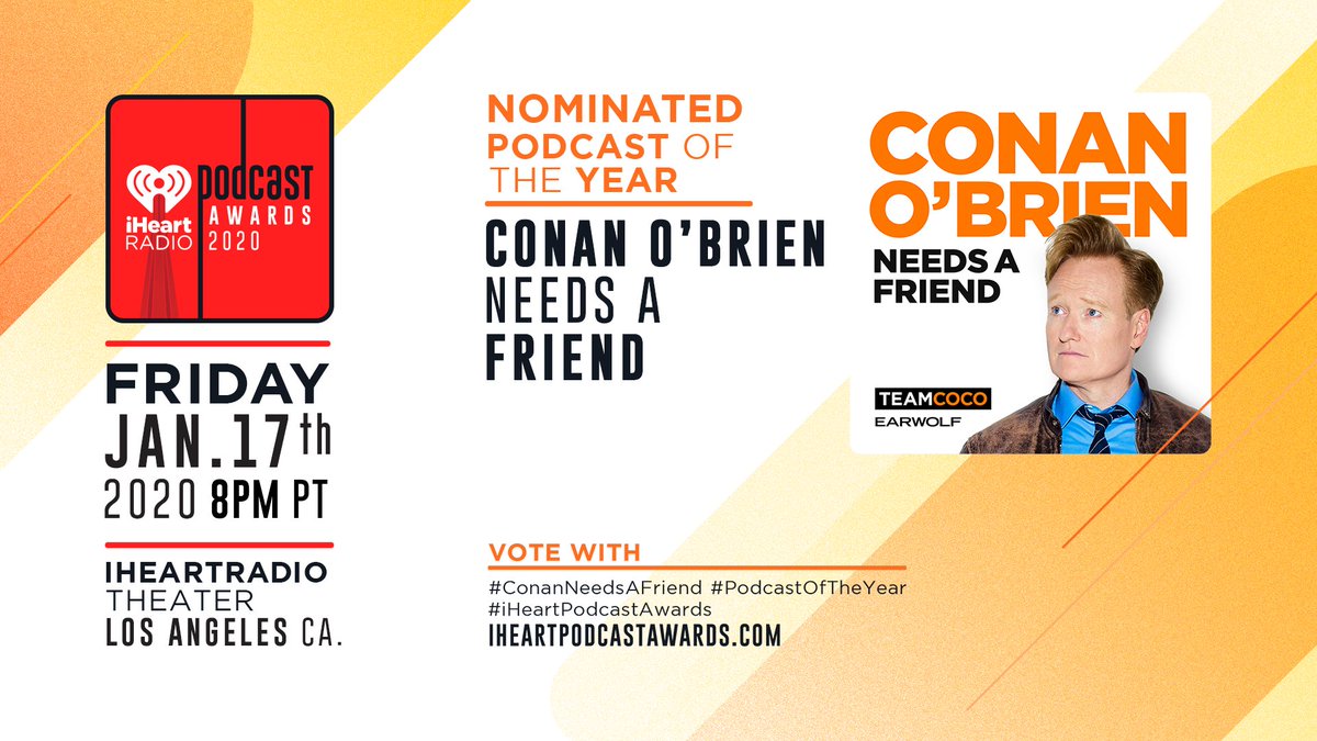 The question is: After welcoming @TheEllenShow, @jackblack, @mulaney, @iamjohnoliver and more this season, does @ConanOBrien have a friend yet? RT to vote for #ConanNeedsAFriend to win #PodcastOfTheYear at the 2020 #iHeartPodcastAwards 🤣 @TeamCoco