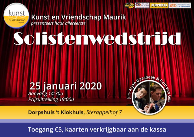KenVMaurik's tweet photo. Op 25 januari 14.30 uur zal de eerste solistenwedstrijd van Kunst en Vriendschap plaatsvinden! Dit wilt u natuurlijk niet missen, schrijf het daarom snel in uw agenda. Kaartjes zijn voor maar €5,- te koop aan de kassa. Graag zien we u dan! https://t.co/qZnhrEcs15