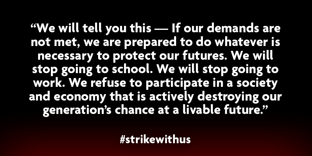 Black background with text: "As we look to 2020, our energy is only going to grow. We are training, expanding, and strengthening in preparation to carry this momentum through 2020, and beyond, to ensure real, bold action is taken to address the climate crisis. In January, we will announce our plans for 2020." Text saying "#strikewithus" at image footer.