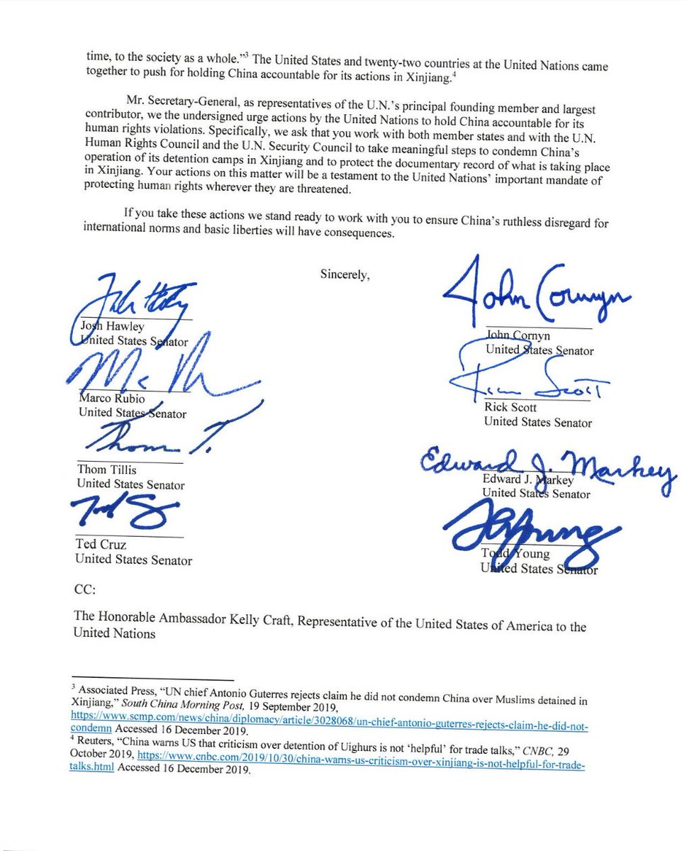 SenHawleyPress's tweet photo. Today, 35 years after the signing of the Sino-British Joint Declaration, Sen. Hawley sent a letter to UN Secretary-General @antonioguterres, urging him to raise the issue of China’s human rights violations and its destruction of its documentary records. https://t.co/QDRz9GfMiG https://t.co/dqKk6bbEkP
