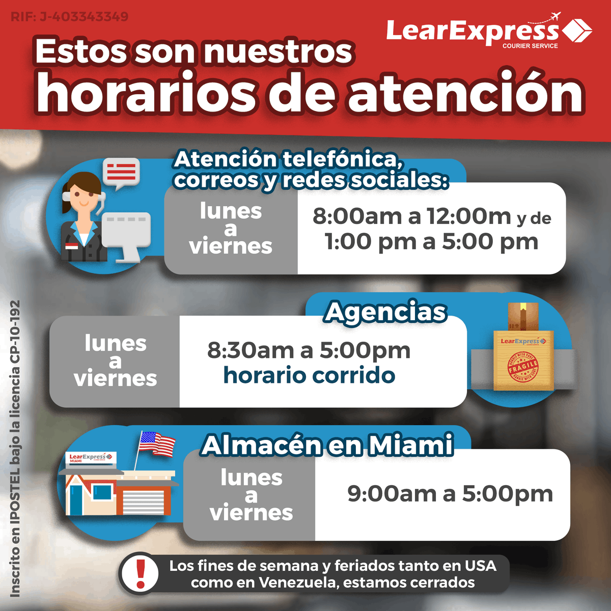 LearExpress_Pa's tweet photo. Contamos con horario de Atención al Cliente, agencias y en nuestro almacén en #Miami. Conócelos: https://t.co/UjByUCuNC9

#LearExpress #LearTips  #Agencias #USA #Miami #Servicio #Envíos #Courier #Venezuela #Aéreo #Marítimo #Direccion #Paqueteria https://t.co/6ShiUB3WUP