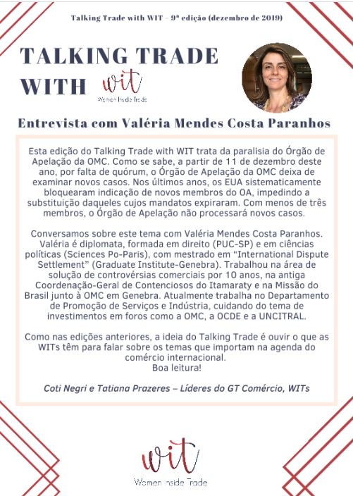 women_trade's tweet photo. In this edition of Talking Trade with WIT, we interviewed Valeria Mendes Costa Paranhos, a diplomat who worked in the settlement of commercial disputes for 10 years. Valeria addresses the paralysis of the WTO Appellate Body. Check it out!
#WTO #trade 

https://t.co/49H8L8miFJ https://t.co/YqNvPW1ZVF